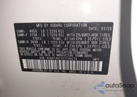 2025 Subaru Outback Premium z USA, uszkodzony, nr VIN 4S4BTADC3S3199276